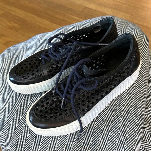 MUSSE & CLOUD Black Cacey Woven Perforated Leather Flatform Creeper Sneakers 9 - Picture 8 of 16